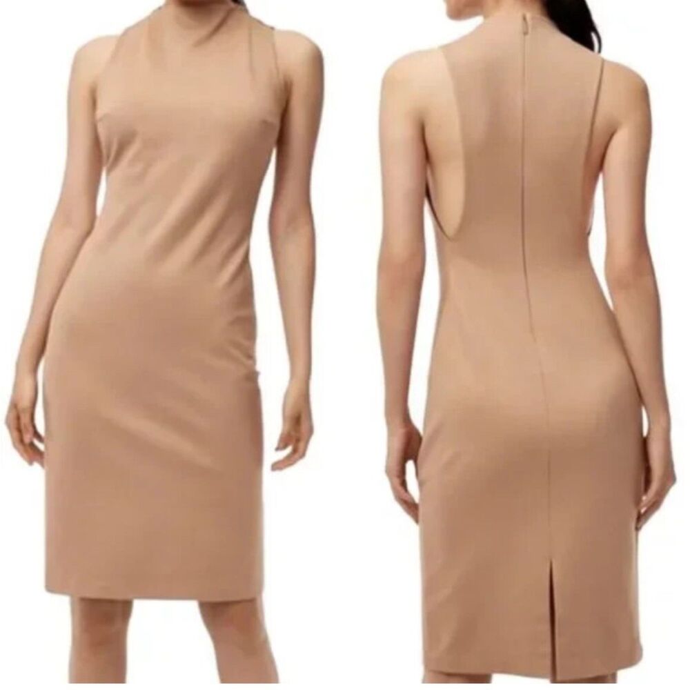Aritzia Babaton Mock Neck Fitted Sheath Dress Tan 0